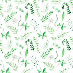 Seamless pattern with watercolor forest leaves and flowers on a white background