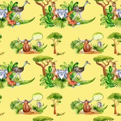 Cartoon animals watercolor seamless pattern isolated on yellow