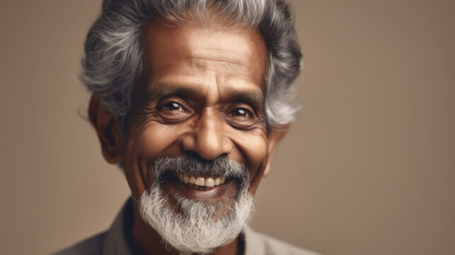 A charming Indian senior man's smile radiates happiness in the studio. Generative AI