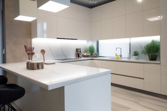 apartment contemporary house nobody home kitchen design table interior modern white. Generative AI.
