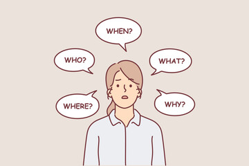 Puzzled woman among question words for concept of making important decisions and problems