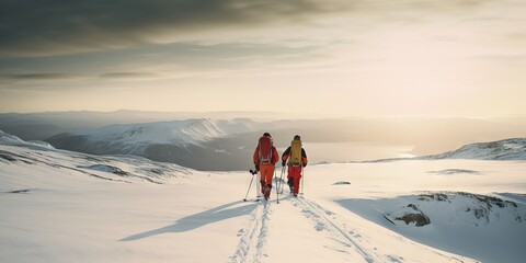 High Altitude Adventure: Majestic Mountain Landscape with Snow Covered Peaks, Perfect for Climbing, Hiking and Winter Sports. Generative AI illustrations.