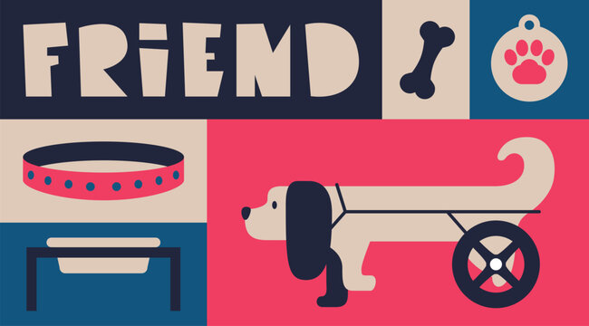 Set of illustrations with a disabled dog. Animal wheelchair. Treats for pets. Eating device. A comfortable life for dogs with physical disabilities. Flat graphics in geometric style.