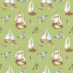 Seamless pattern of sailing boats vintage style watercolor illustration isolated on green. Ship, bird, rusty key hand drawn. Childish design, boy's print, background, textile, wallpaper, packaging