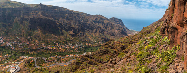 Panoramic of the aerial views from the El Palmarejo viewpoint in La Gomera, Canary Islands