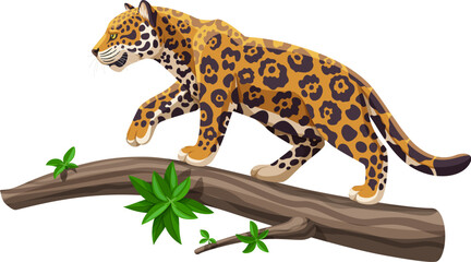 Jaguar walking on a tree trunk vector illustration. Big tropical cat jaguar or leopard on a tree. Endangered animal species.