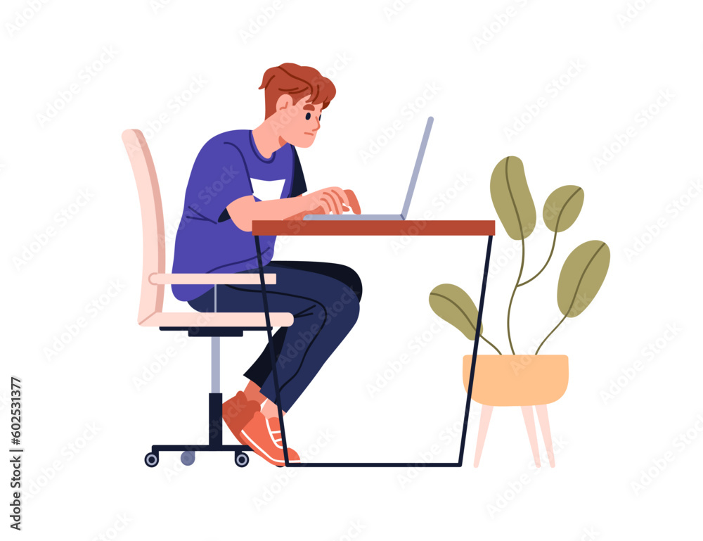 Poster person sitting at desk, working at laptop. sad serious man in chair with hunched back at table, typi