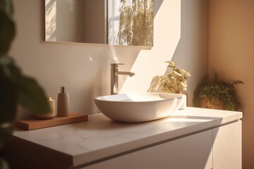 mirror sink bathroom house modern design sunlight interior counter faucet luxury. Generative AI.