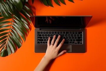 background keyboard hand leaf office digital laptop palm business orange computer. Generative AI.