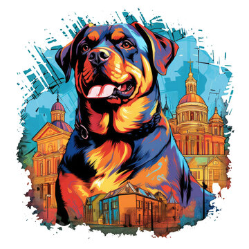 A pop-art t-shirt design with an Architect Rottweiler Dog depicted as a pop culture icon, with a bold graphic style and bright colors, standing in front of a collage, Generative Ai