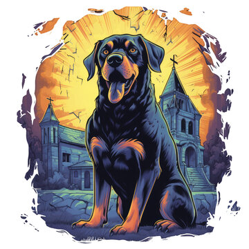 A spooky t-shirt design with an Architect Rottweiler Dog depicted as a ghostly figure, with a translucent body and a glowing outline, Generative Ai