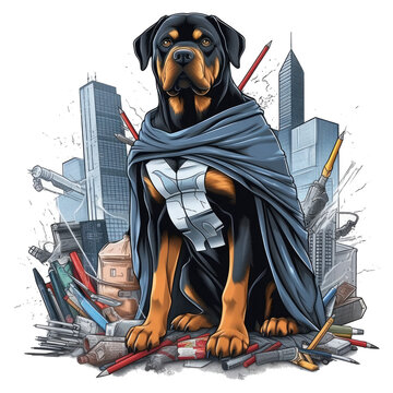 A humorous t-shirt design with an Architect Rottweiler Dog depicted as a superhero, wearing a cape and a mask, with a cityscape in the background, Generative Ai
