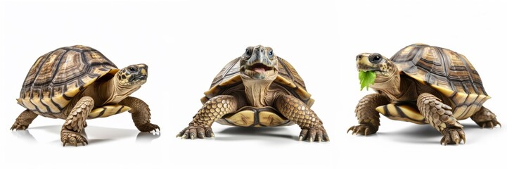 Animals reptiles pets greek tortoises banner panorama long - Collection of funny cute greek tortoise (tortoise) , isolated on white background, Generative Ai - obrazy, fototapety, plakaty