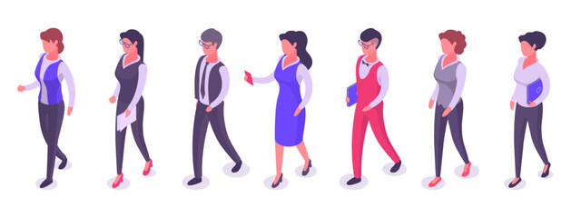 Business people. Isometric walking office workers, successful employees wearing business suits 3d vector illustration set