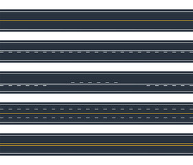 Highway road. Asphalt roads, city street markings roads, horizontal street roadway flat vector illustration set