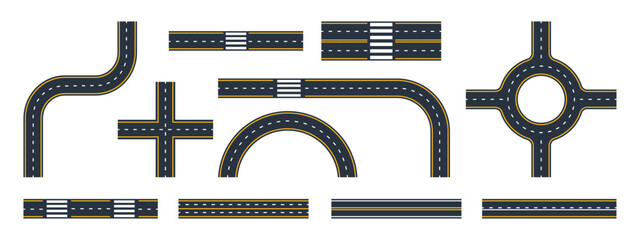 Highway street roads. City markings roads and crossroads, asphalt road twists and traffic circles flat vector illustration set © GreenSkyStudio