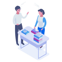 Isometric student and teacher. Study or discussion process, 3d isolated vector illustration