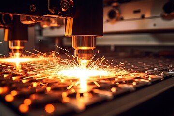 Row of CNC Laser cutting of metal, modern industrial technology with fire spark, Generative AI