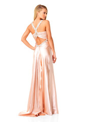 Fashion, glamour and elegant while wearing a dress or evening gown as a wedding bridesmaid or for...