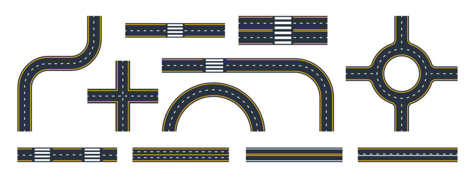 Highway street roads. City markings roads and crossroads, asphalt road twists and traffic circles flat vector illustration set