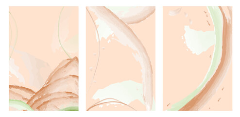 A delicate watercolor design of a set of three cards in beige and green tones. Abstract vector design on white background