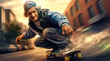 Fototapeta na wymiar an older man skateboarding down the street, in the style of photorealistic portraits, humorous tableau
