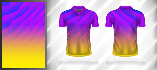 Vector sport pattern design template for Polo T-shirt front and back with short sleeve view mockup. Shades of blue-purple-pink-yellow color gradient abstract marble texture background illustration.
