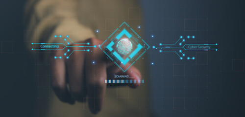 Businessman access scan fingerprint biometric identity and approval. Secure access granted by valid...