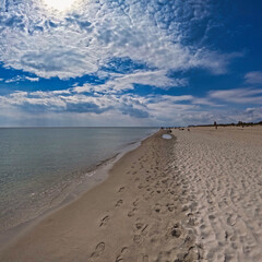 Beach in the morning. Beach and sea. View of the coast in beautiful weather. Sunny weather by the sea.