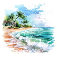 Obraz na płótnie Canvas Wonderful tropical beach with palm tree. A beach scene with sea waves, some flowers and palm tree in background