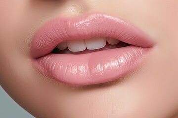 Fototapeta premium Natural Beauty. Close up of Woman's Carefully Nurtured Skin, Luscious Lips and Makeup. Generative AI illustrations.