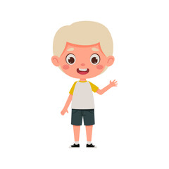 Cute cartoon little boy with blond hair waving his hand. Little schoolboy character. Vector illustration