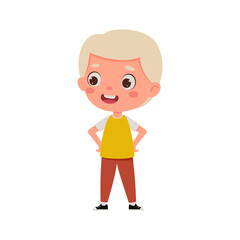 Cute cartoon little boy with blond hair. Little schoolboy character. Vector illustration