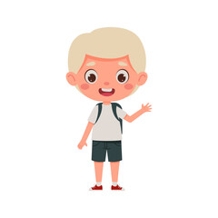Cute cartoon little boy with blond hair and the backpack waving his hand hello. Little schoolboy character. Vector illustration