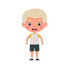 Cute cartoon little angry boy with blond hair. Little schoolboy character. Vector illustration