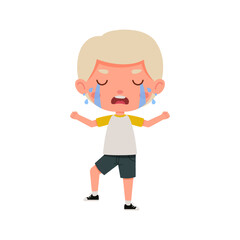 Cute little kid boy with blond hair cry. Cartoon schoolboy character show facial expression. Vector illustration