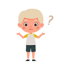 Cute little kid boy with blond hair confused with question mark. Cartoon schoolboy character show facial expression. Vector illustration