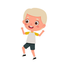 Cute little kid happy boy with blond hair jump. Cartoon schoolboy character show facial expression. Vector illustration