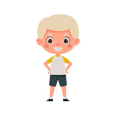 Cute little kid happy boy with blond hair smile. Cartoon schoolboy character show facial expression. Vector illustration