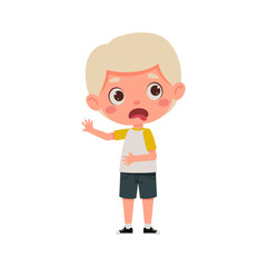 Cute little kid boy with blond hair feeling disgusted. Cartoon schoolboy character show facial expression. Vector illustration