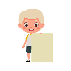 Cute little kid boy with blond hair and empty blank paper. Cartoon child character. Vector illustration