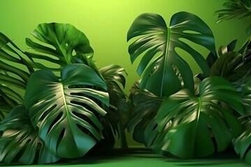 Tropical Monstera Leaves on Green Background.Generative AI