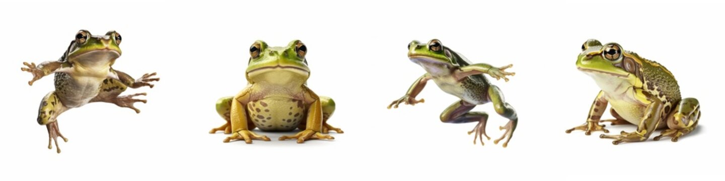 Animals reptiles amphibians frogs banner panorama long - Collection of funny sitting, jumping, running, reptile amphibian frog , isolated on white background, Generative Ai
