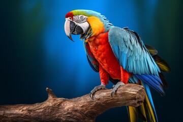 macaw parrot blue, yellow, red, green sitting on a tree stump. Generative AI