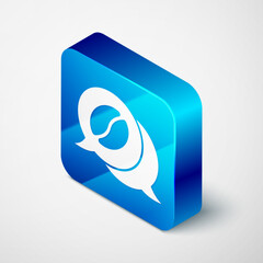 Isometric Coffee and conversation icon isolated on grey background. Coffee talk. Speech bubbles chat. Blue square button. Vector