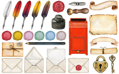 watercolor hand drawn calligraphy and mail vintage set