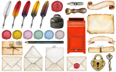 watercolor hand drawn calligraphy and mail vintage set