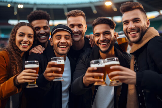 Group of friends drinking beer at the stadium. Generative AI illustration.