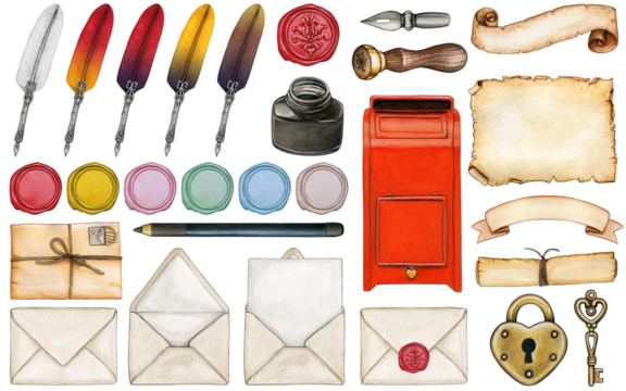 watercolor hand drawn calligraphy and mail vintage set