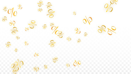 Luxury Vector Gold Percentage Sign Confetti on Transparent. Percent Sale Background. Business, Economics Print. Discount Illustration. Promotion Poster. Black Friday Banner. Special offer Template.
